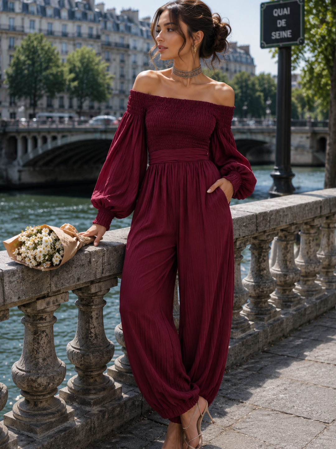 Luna Red Off-Shoulder Wide-Leg Jumpsuit