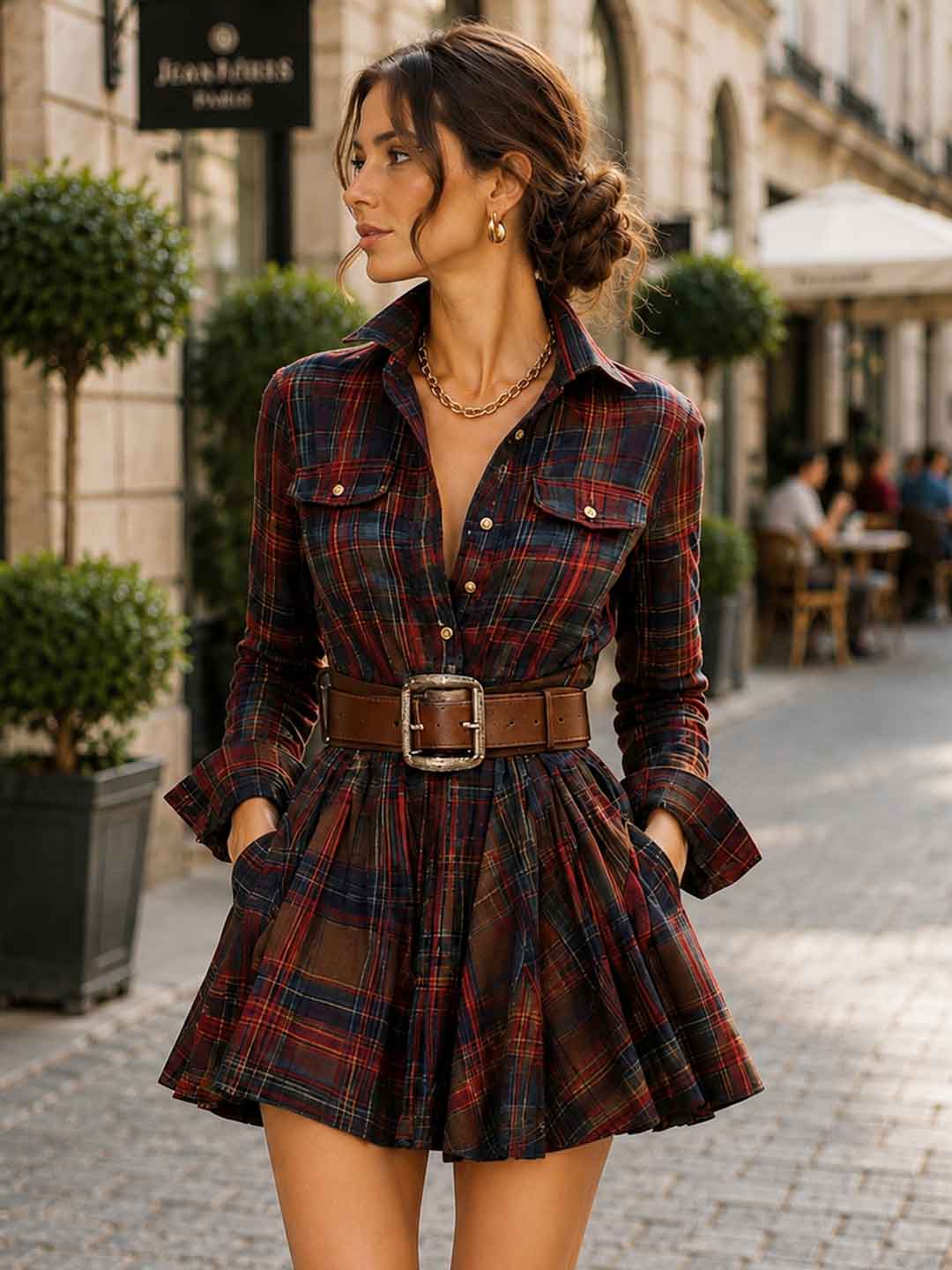 Noemi Plaid Belted Shirt Mini Dress
