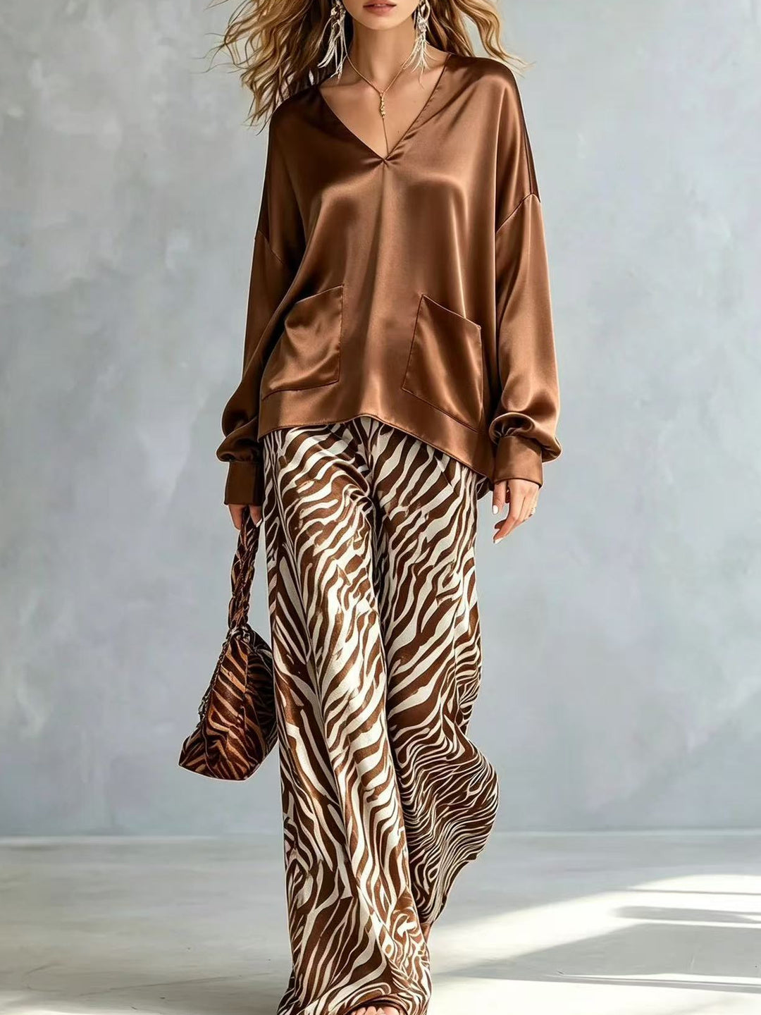 Savina Satin Blouse & Printed Maxi Skirt Set