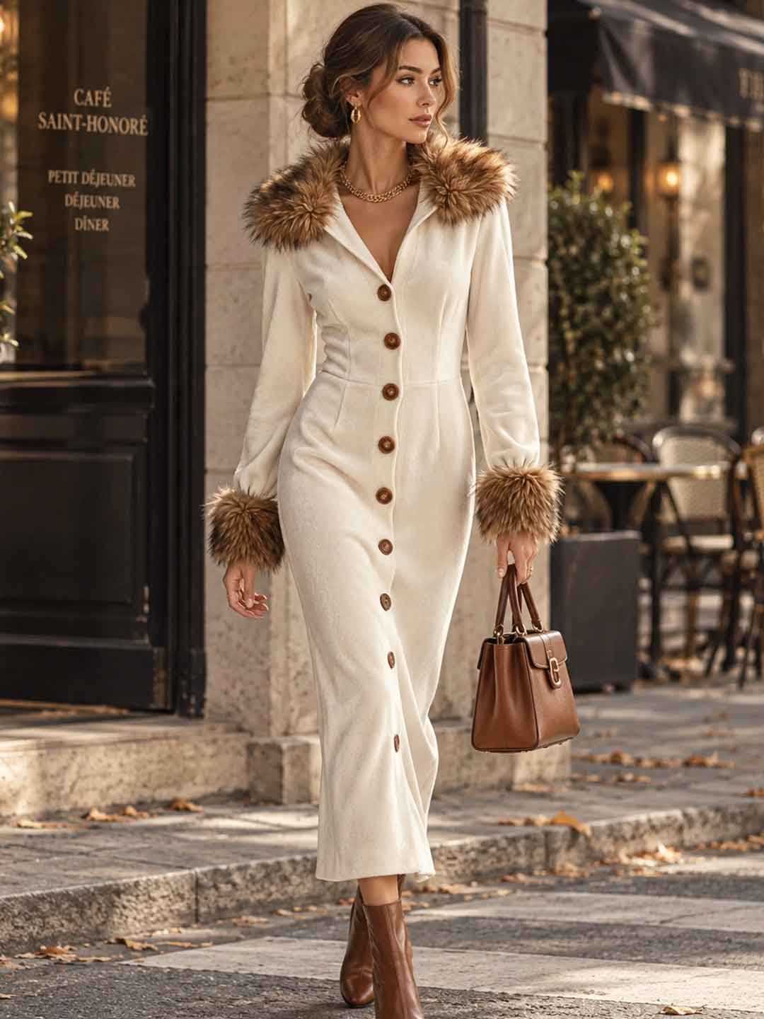 Burgundy Fitted Midi Dress With Fluffy Trim