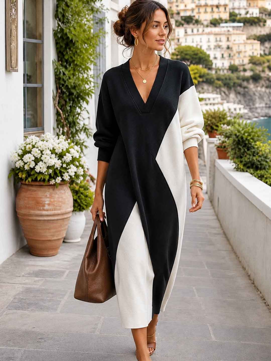 Vespera Asymmetric Contrast-Panel Caftan Maxi Dress