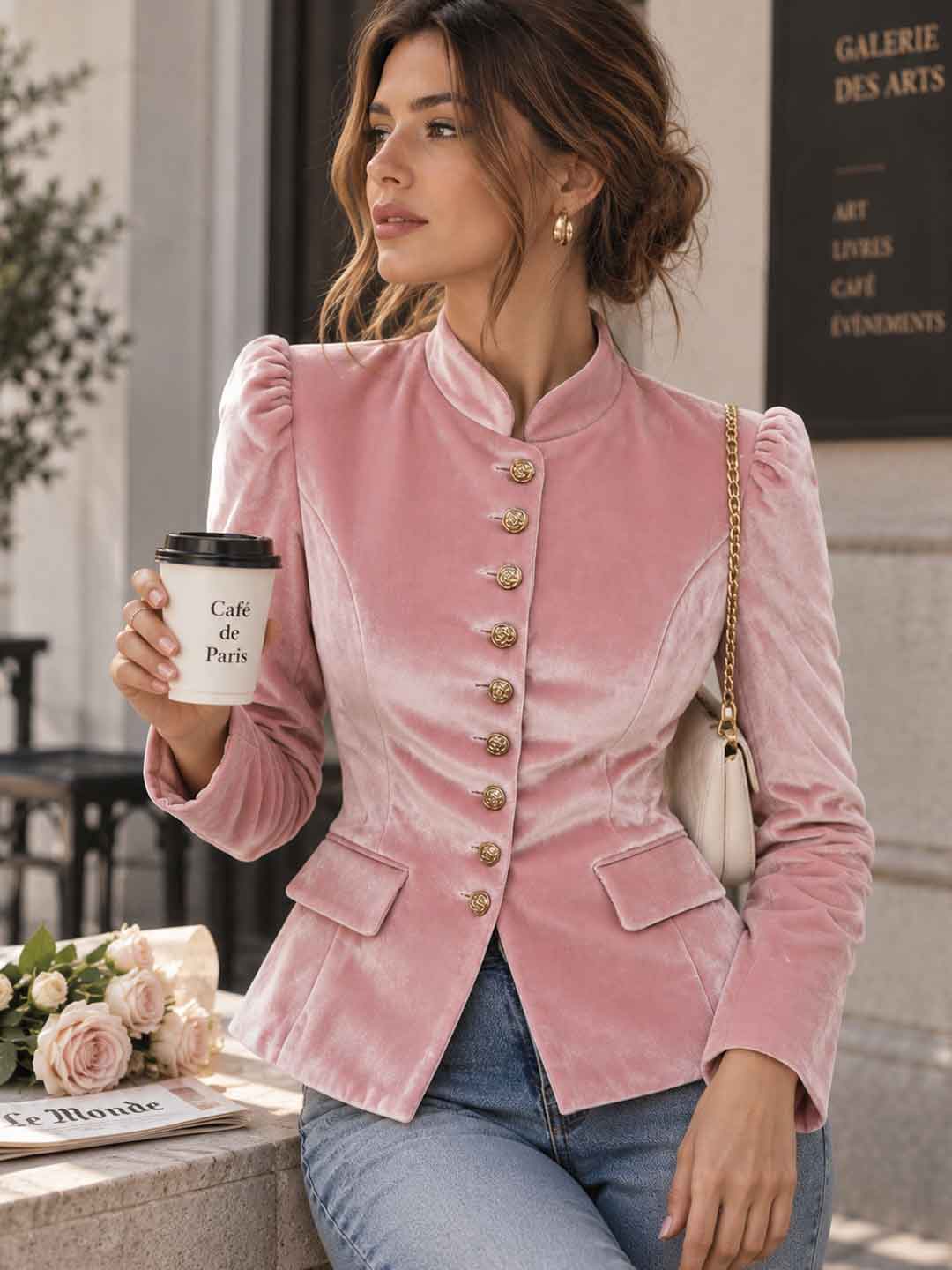 Marcella Pearl-Button Peplum Blazer