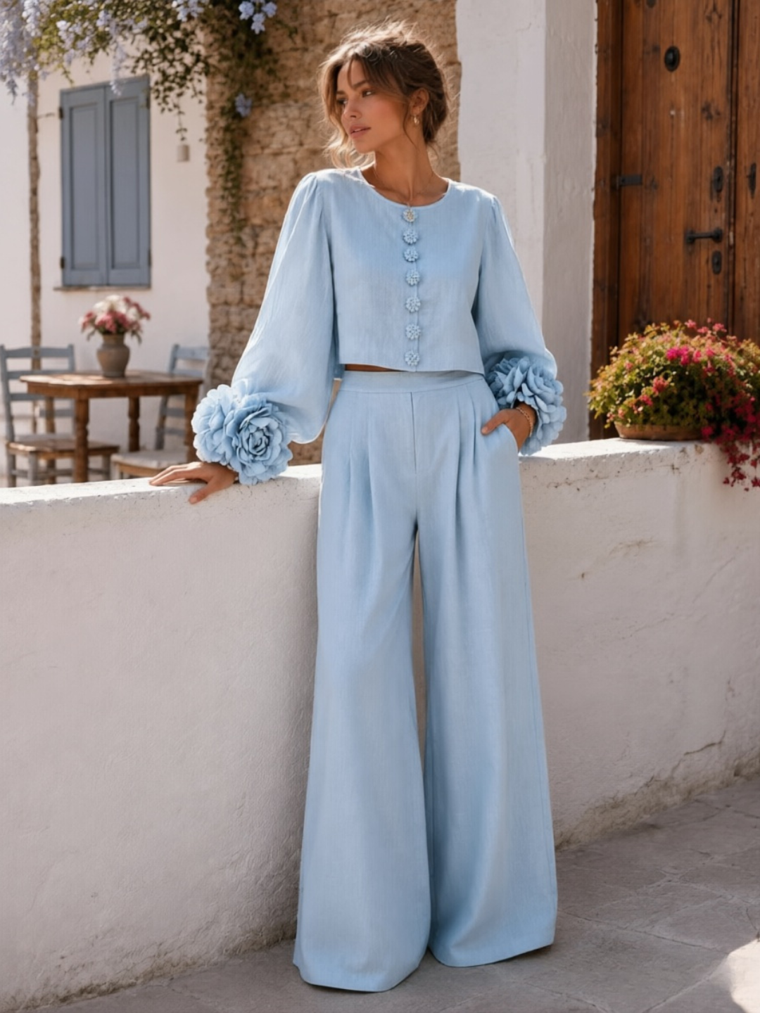 Luciana Statement-Cuff Top & Trouser Set - Pink