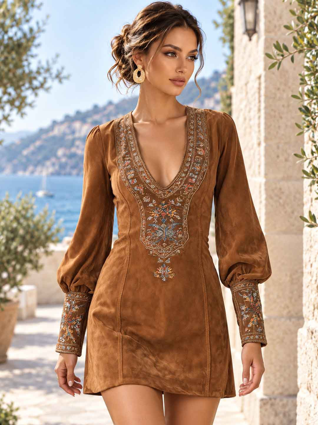 Terra Cocoa Embroidered Tunic Mini Dress
