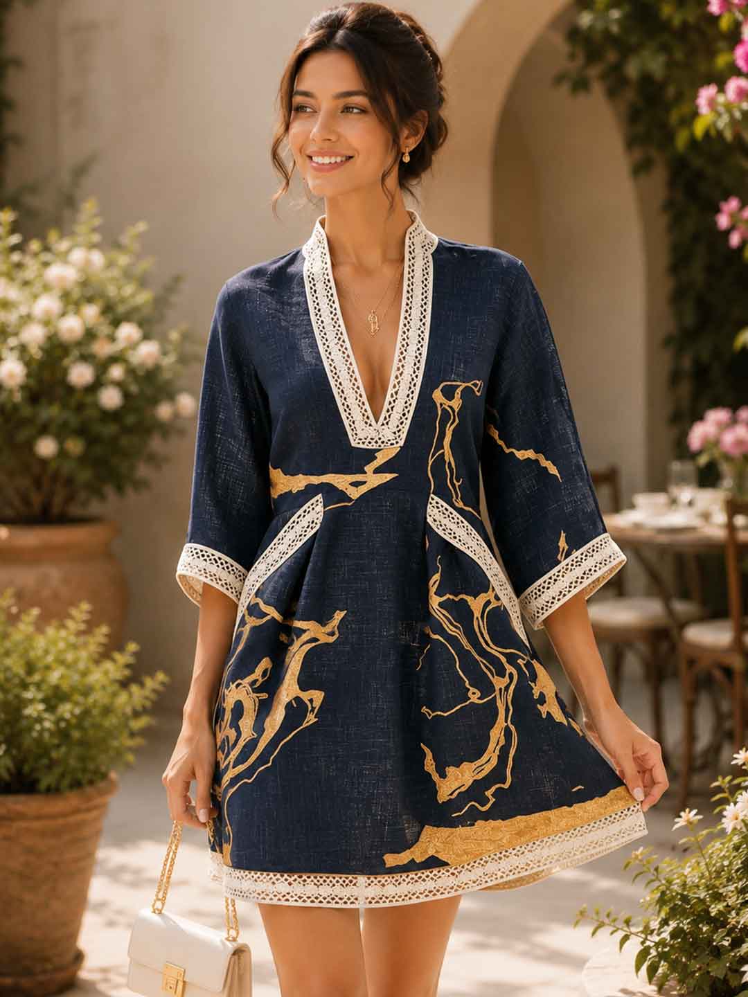 Solena Embroidered Caftan Mini Dress - Navy