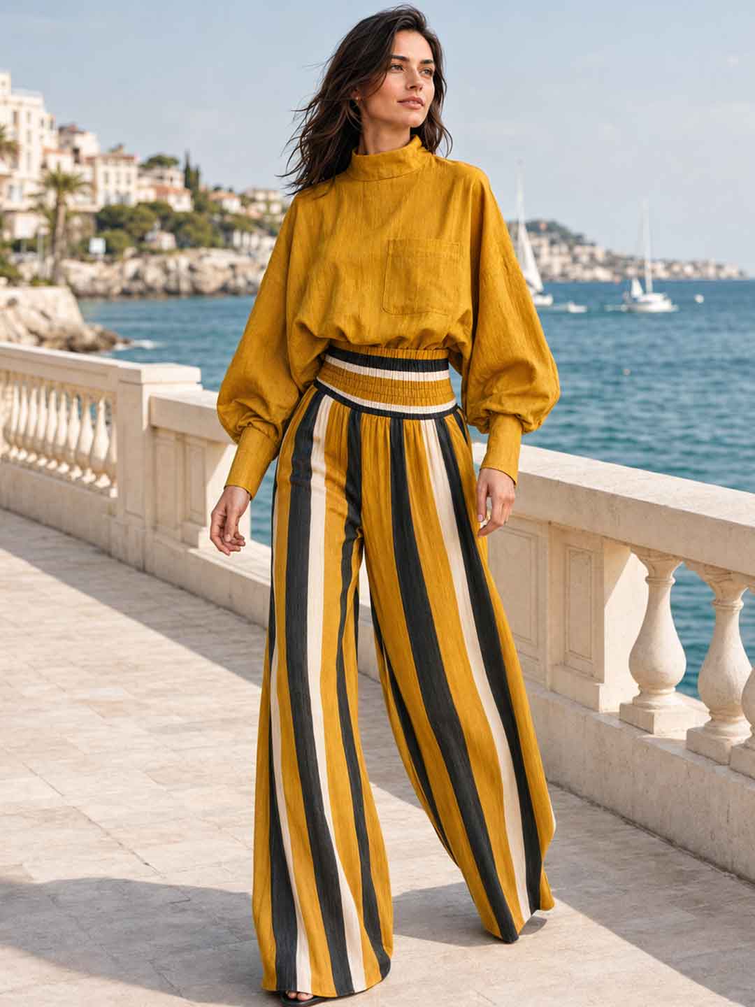 Vittoria Satin Striped Two-Piece Set - Yellow