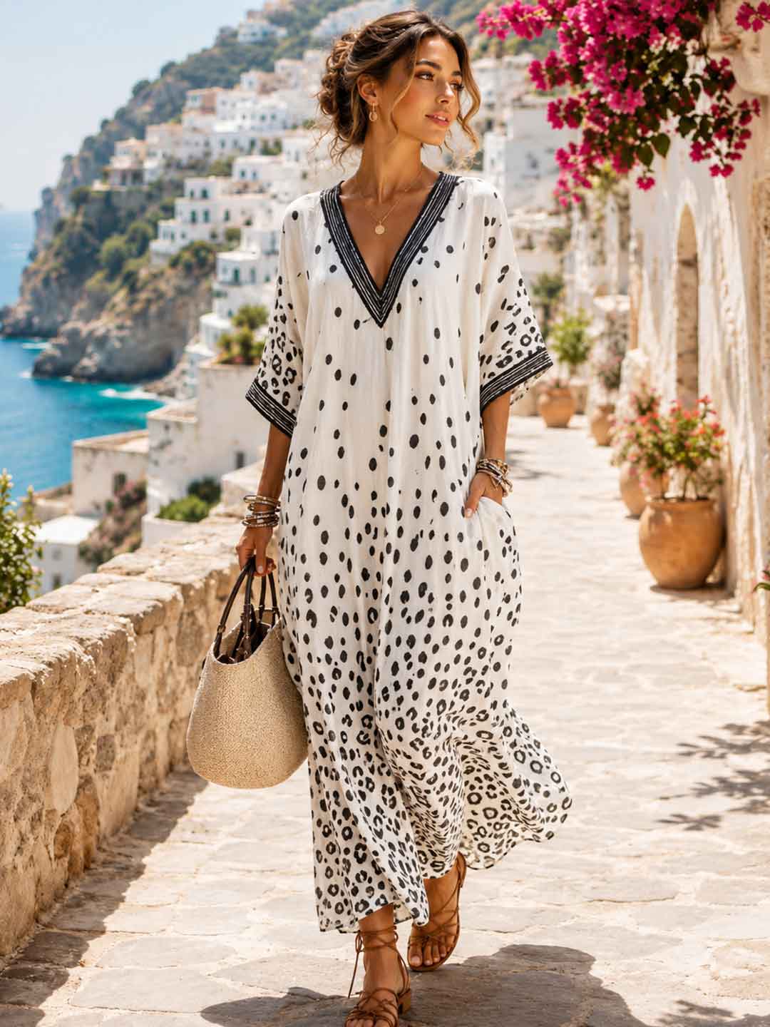 Zahara Animal-Print Embroidered Caftan Maxi Dress