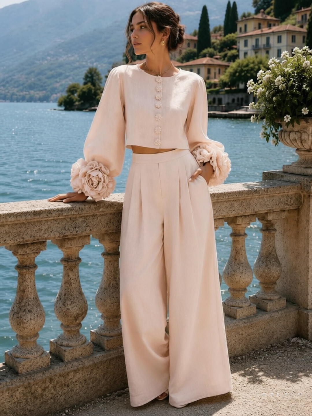 Luciana Statement-Cuff Top & Trouser Set - Pink