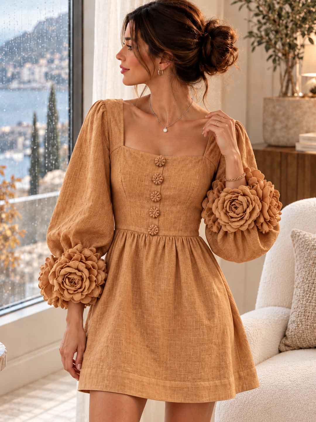 Rosella Floral-Cuff Square-Neck Mini Dress