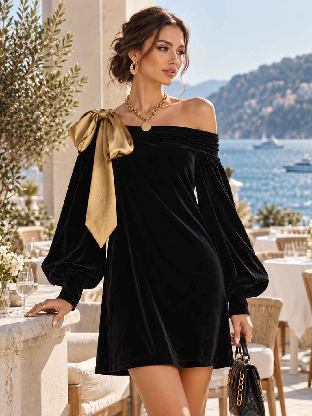 Graziana Bow-Shoulder Velvet Mini Dress