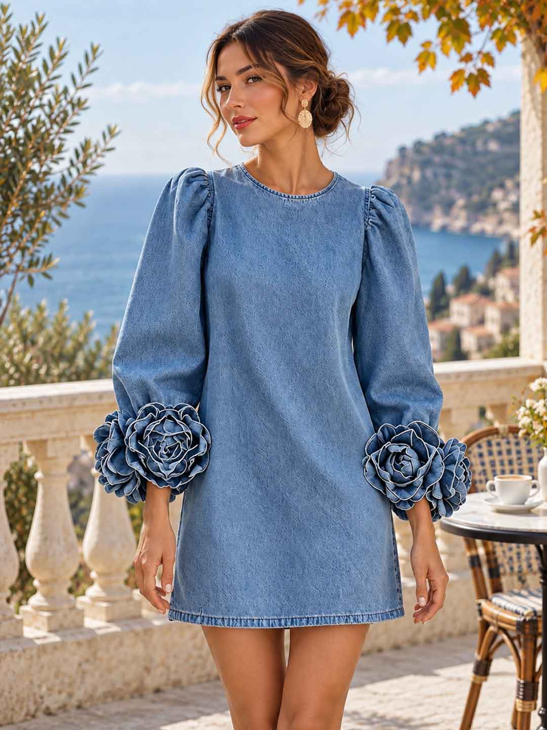 Fiorenza Floral-Cuff Mini Dress