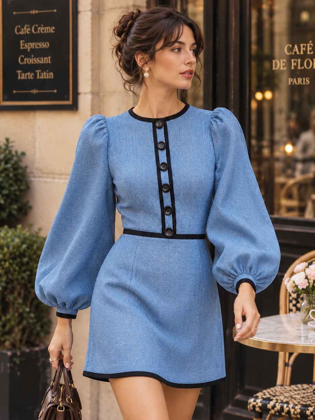 Arietta Contrast-Trim Puff-Sleeve Mini Dress - Blue