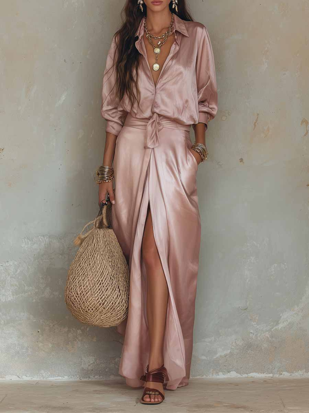 Rosé Ruffle-Front Satin Trouser Set - Burgundy