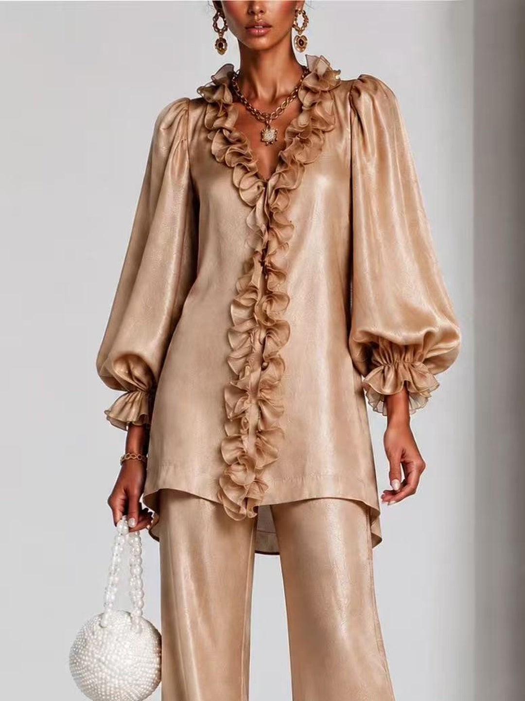 Mariella Ruffle-Trim Blouse & Trouser Set