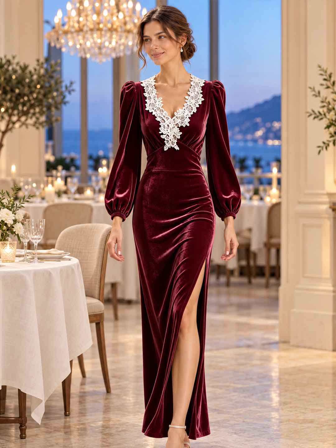 Violetta Lace-Collar Velvet Maxi Dress