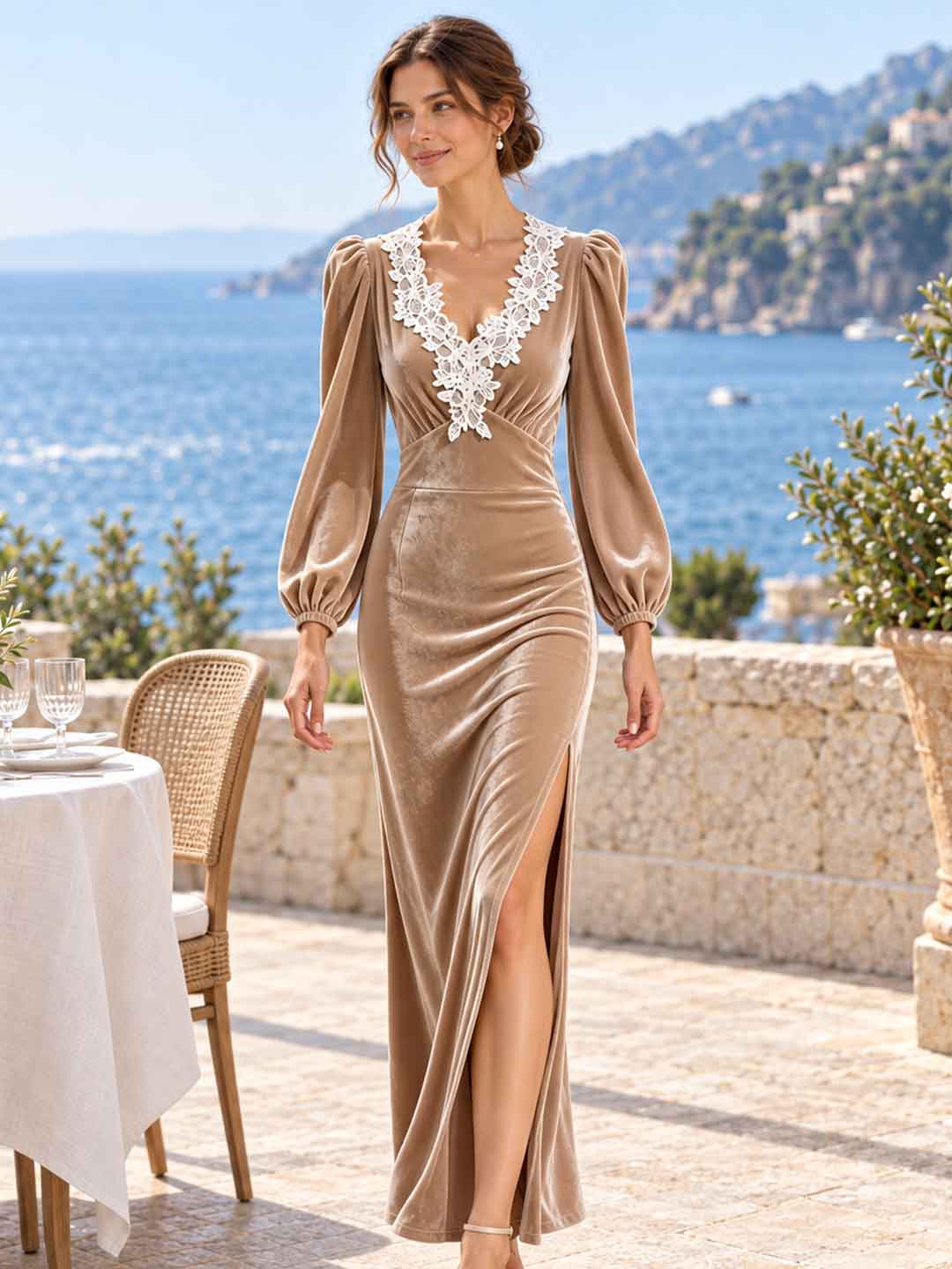 Violetta Lace-Collar Velvet Maxi Dress