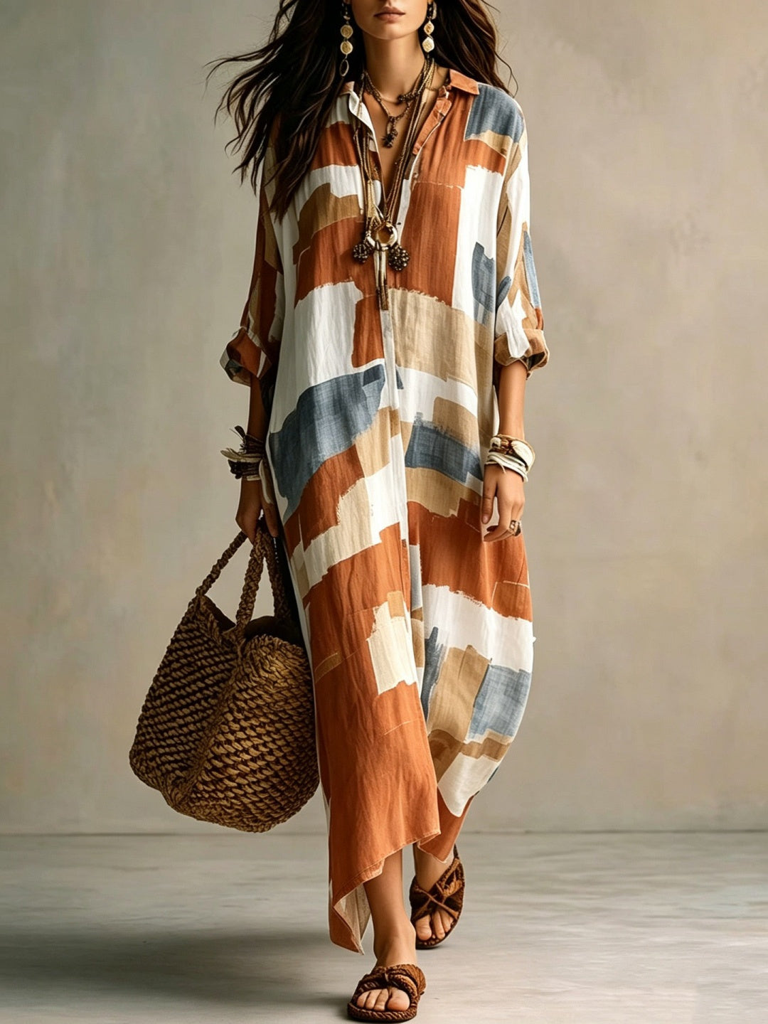 Sienna Striped Resort Cover-Up - Khaki Beige Block Print