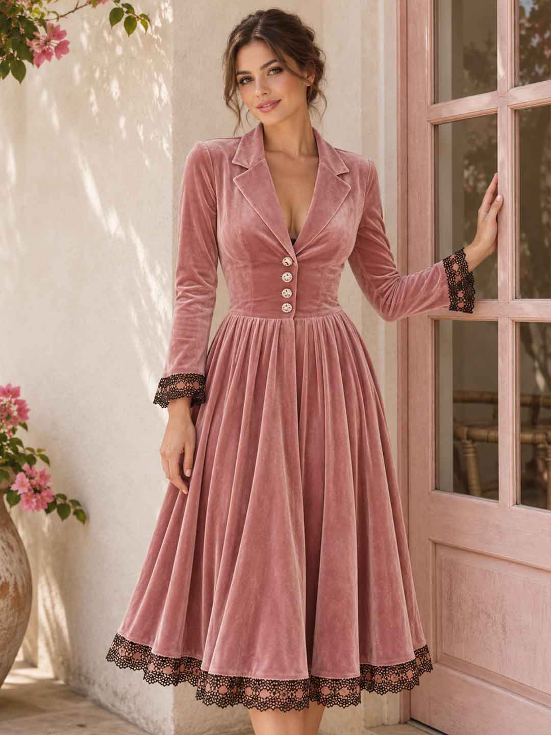 Rosalina Pleated Lace-Trim Midi Dress