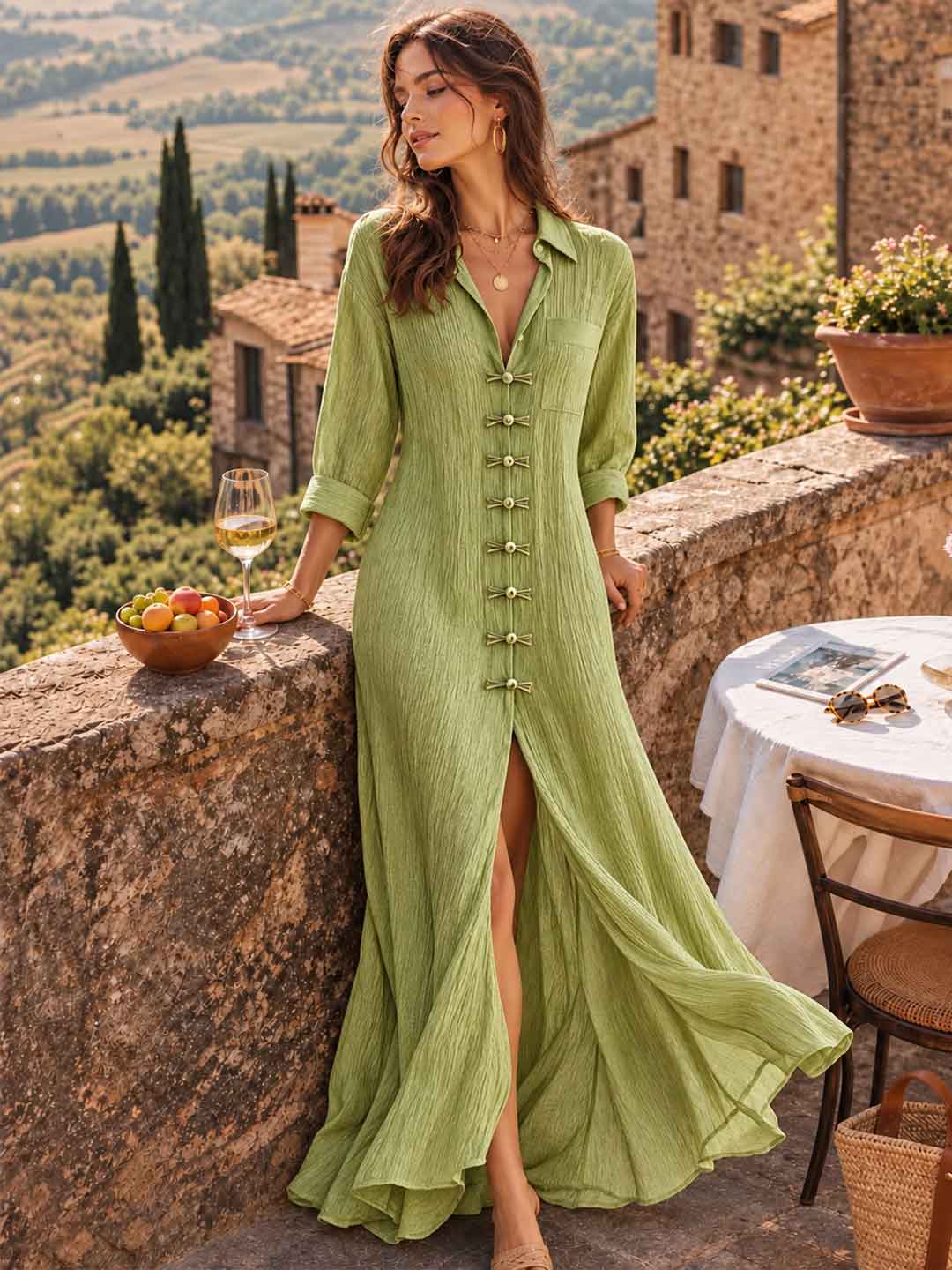 Lucia Button-Front Belted Maxi Dress