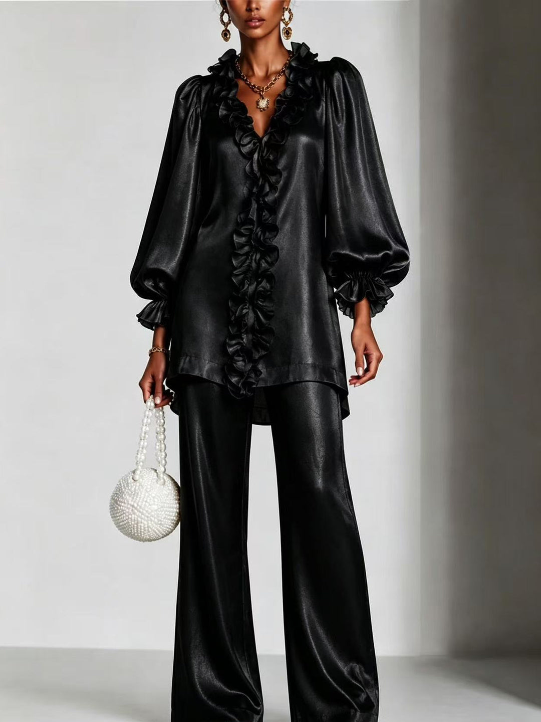 Mariella Ruffle-Trim Blouse & Trouser Set