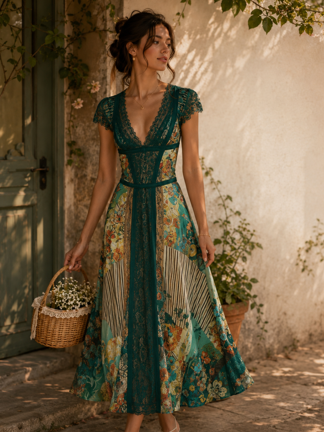 Isla Emerald Lace-Inset Print Maxi Dress