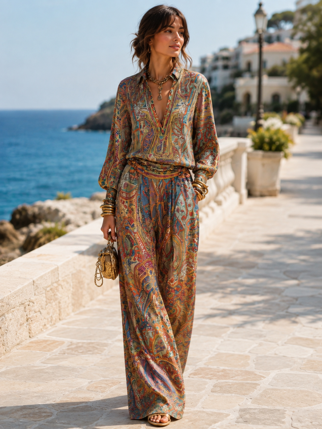 Isla Brown Paisley Blouse and Pants Set