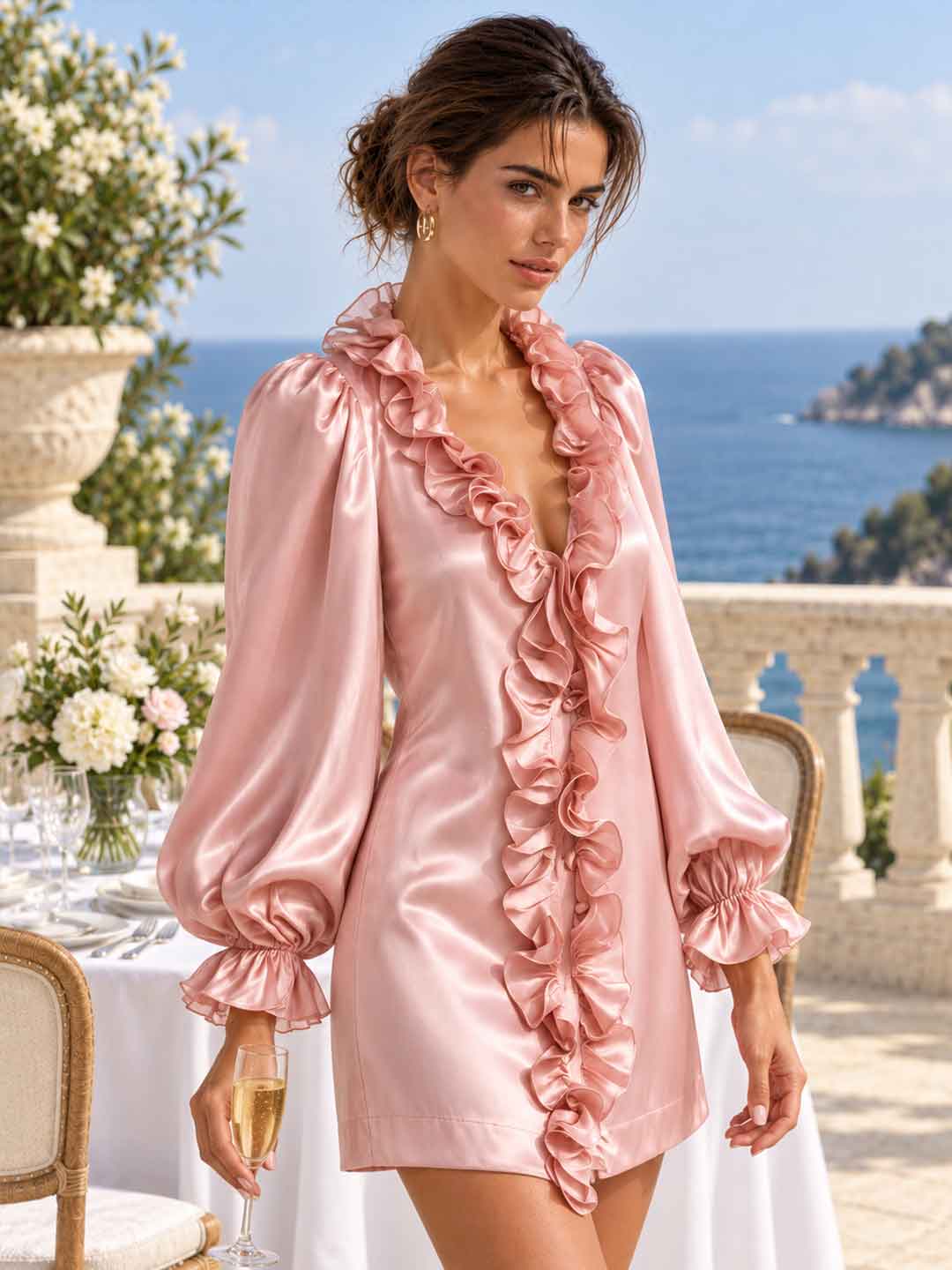 Elena Pink Ruffle-Front Mini Dress