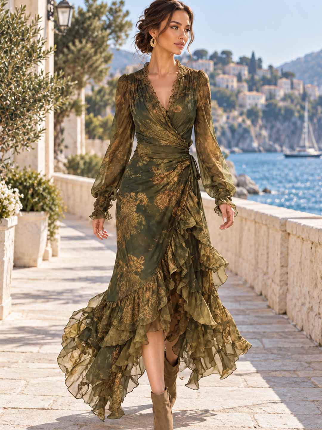 Olivia Olive Floral Ruffle High-Low Maxi Dress