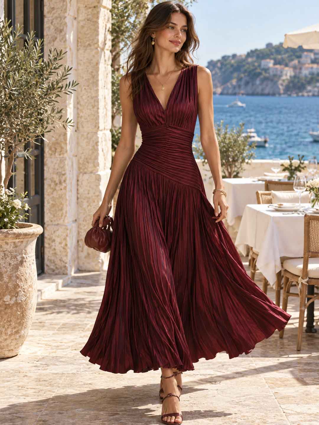 Serena Burgundy Pleated V-Neck Maxi Dress