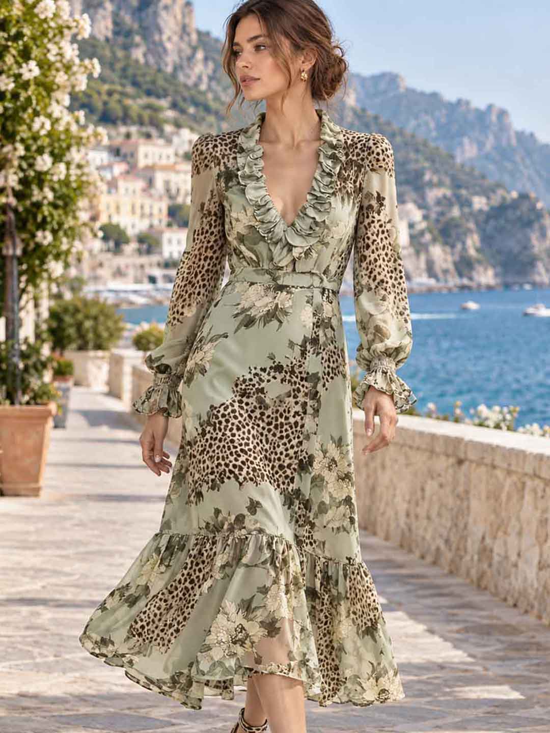 Elena Sage Lace-Panel Botanical Maxi Dress