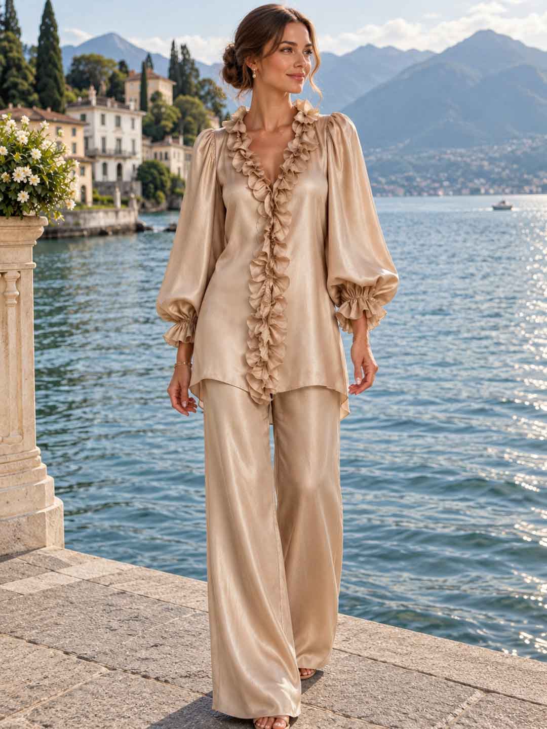Mariella Ruffle-Trim Blouse & Trouser Set