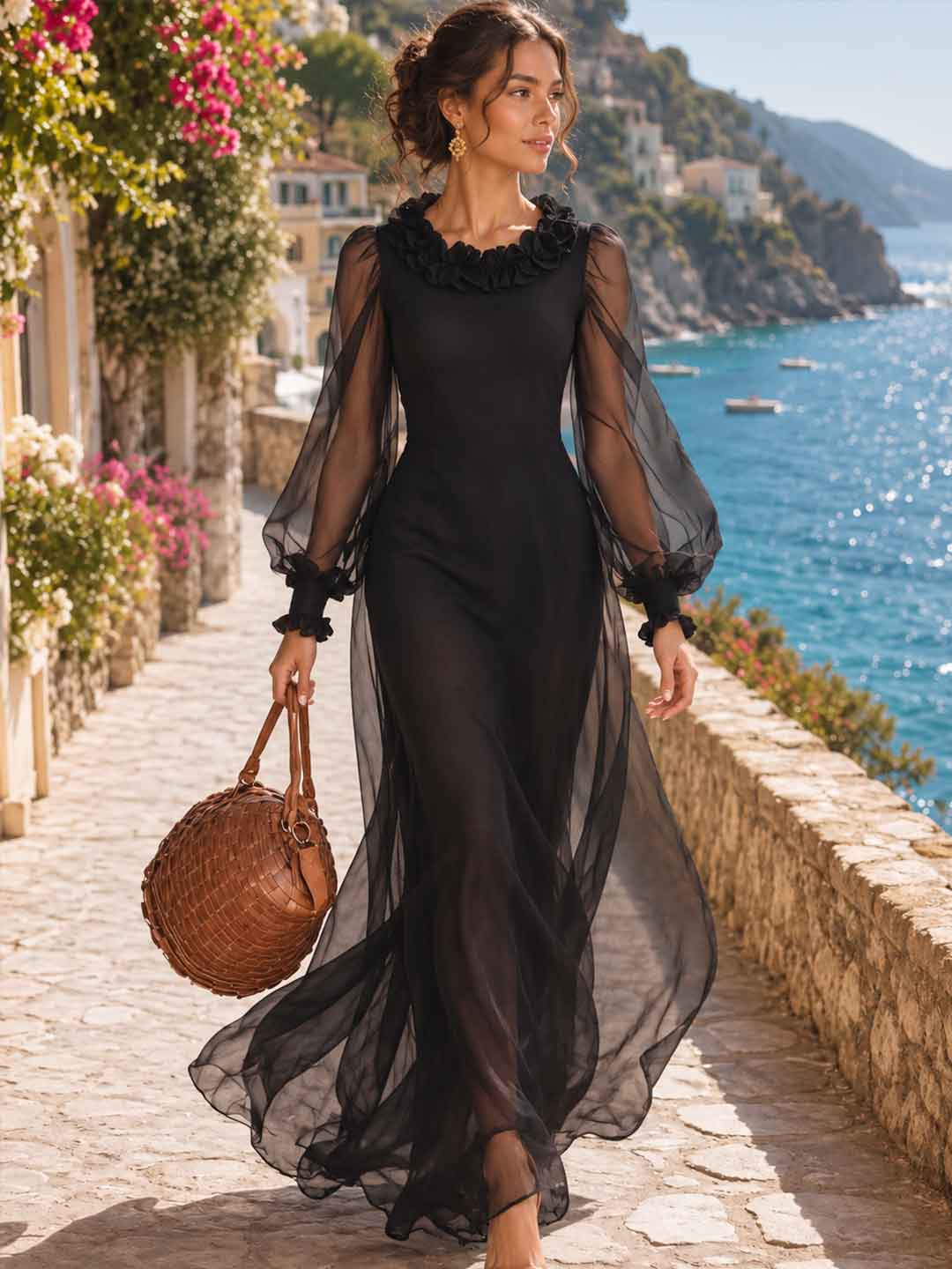 Celeste Sheer-Sleeve Tiered Maxi Dress
