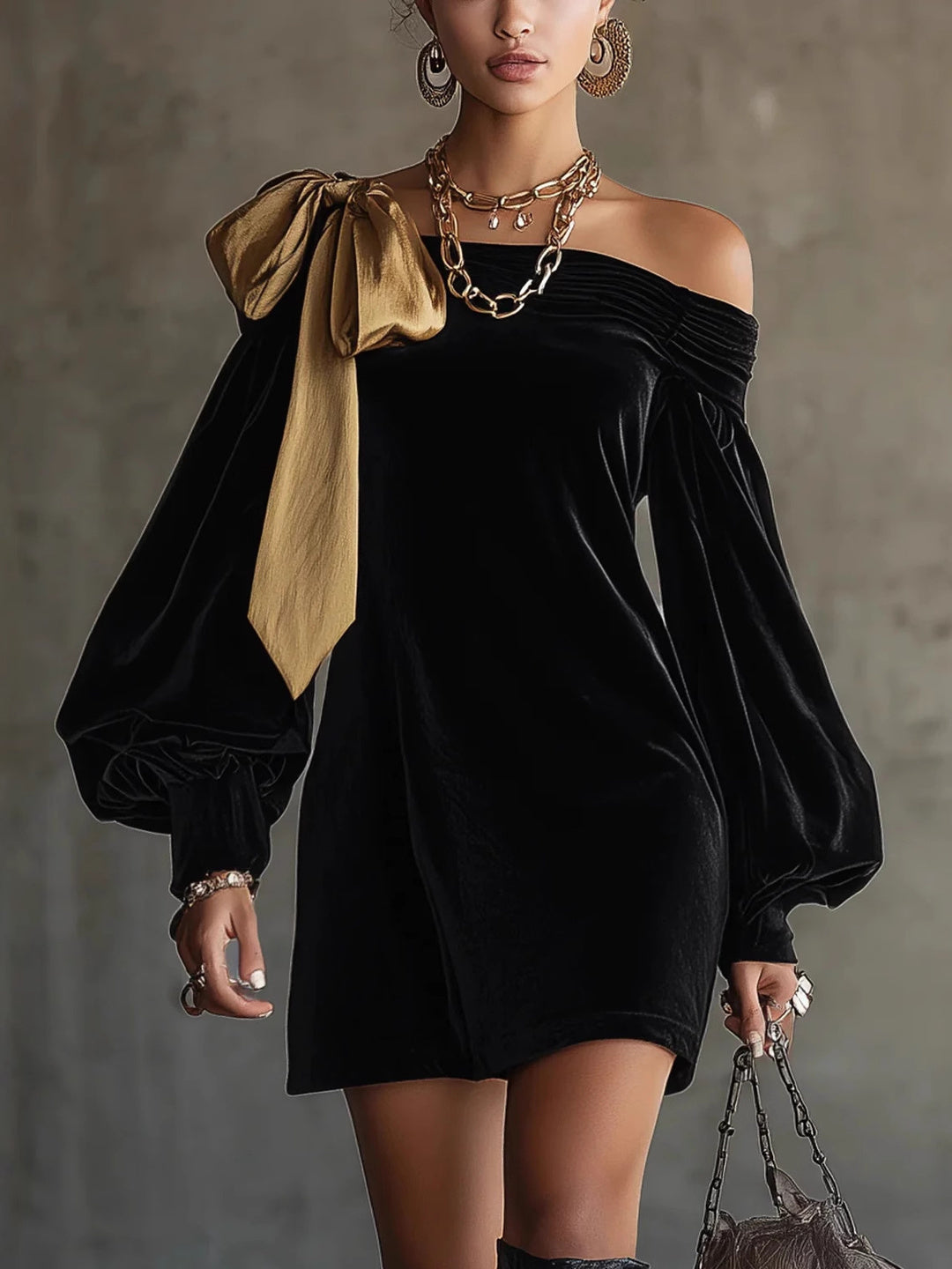 Graziana Bow-Shoulder Velvet Mini Dress