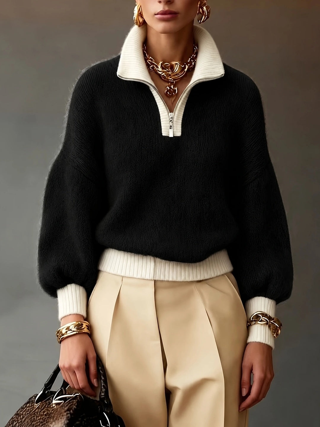 Bianca Half-Zip Balloon-Sleeve Sweater - Yellow