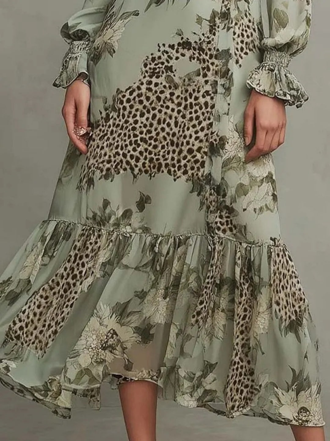Elena Sage Lace-Panel Botanical Maxi Dress