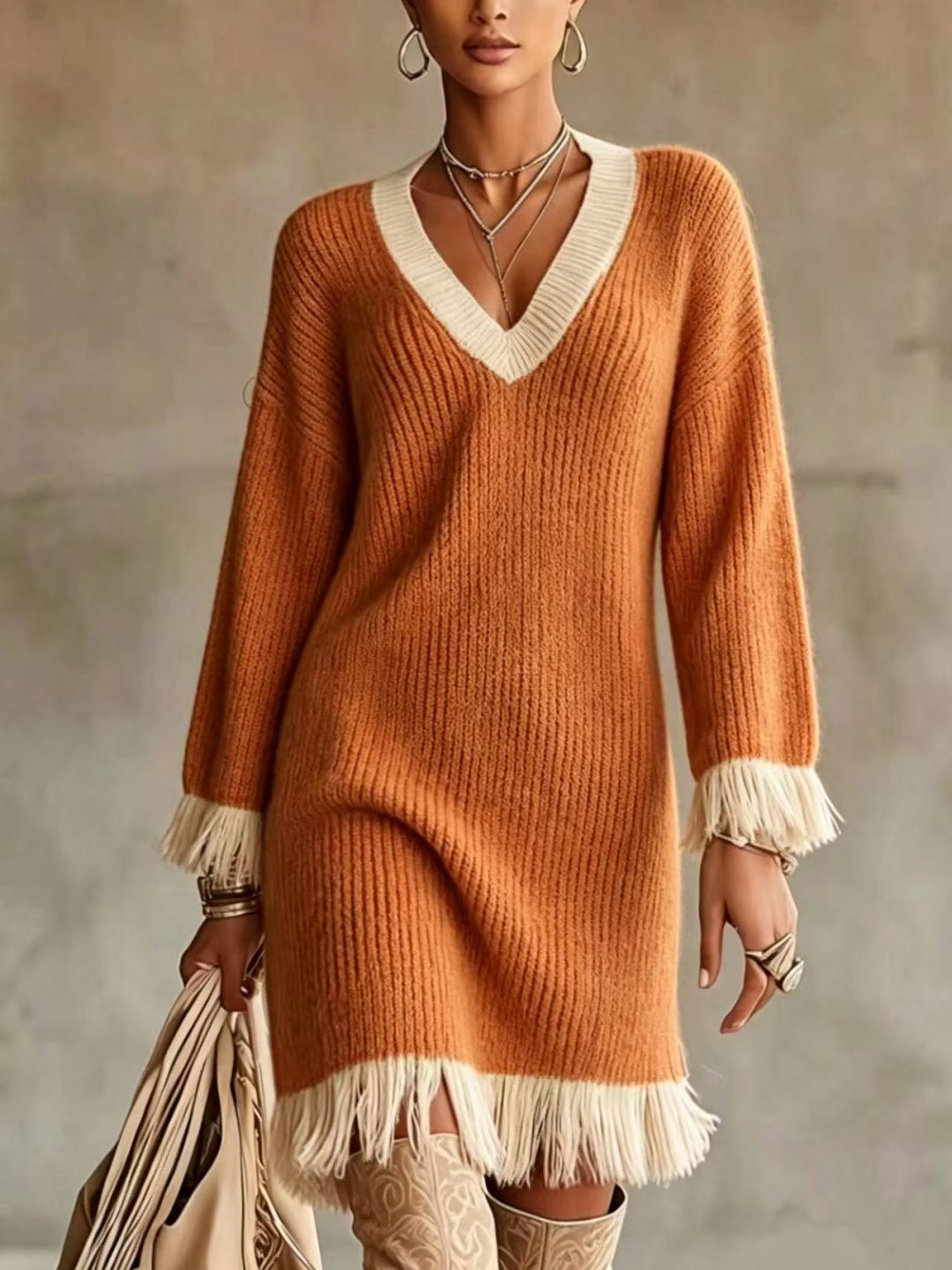 Elara V-Neck Fringe Sweater Mini Dress