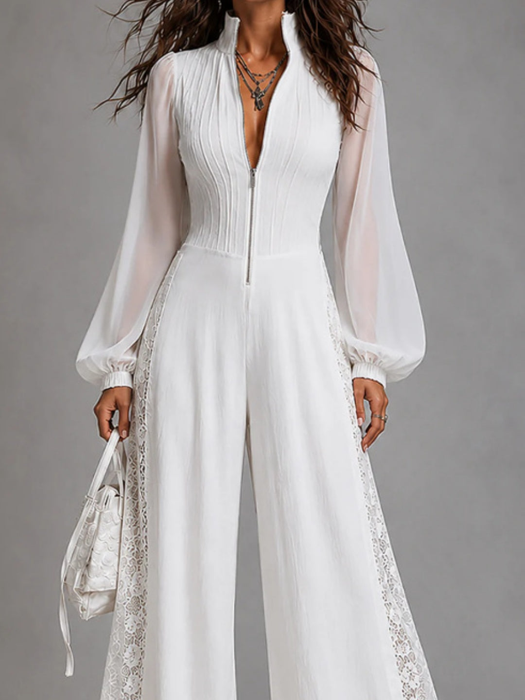 Bianca White Sheer-Sleeve Wide-Leg Jumpsuit