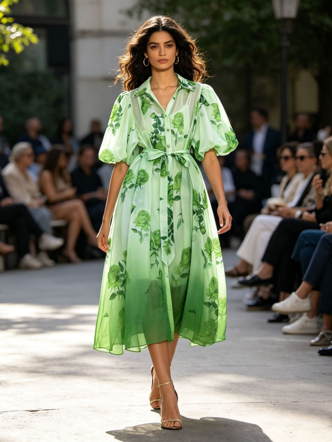 Soleil Floral Puff-Sleeve Midi Dress