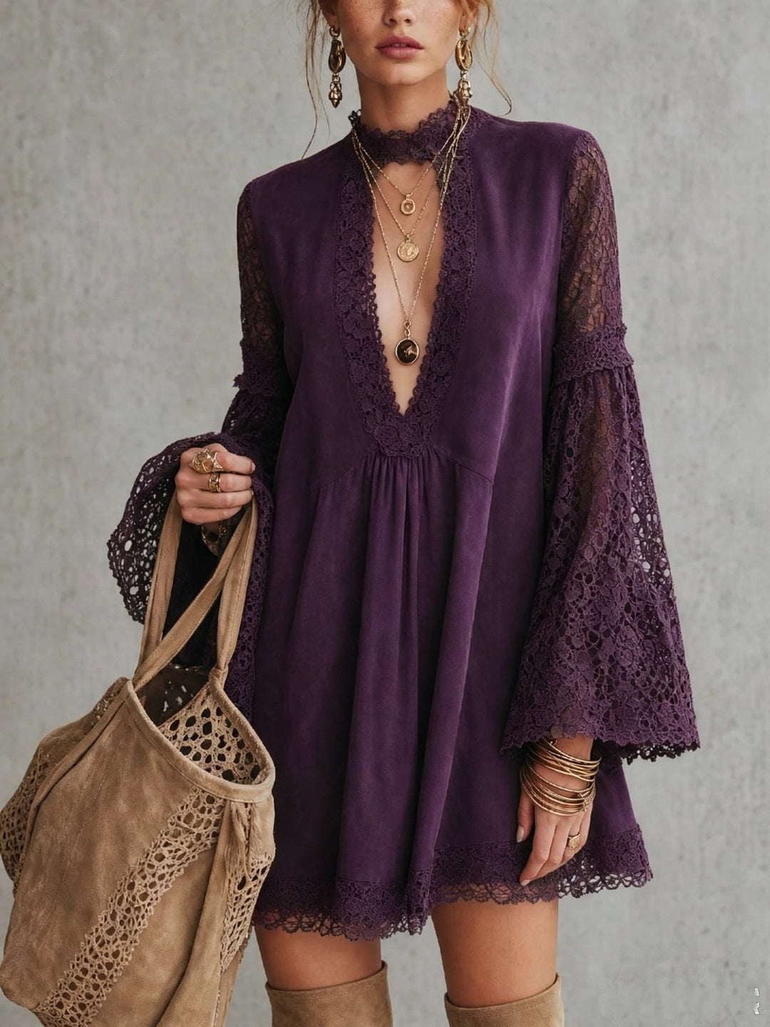 Elisabetta Plunge-Neck Bell-Sleeve Mini Dress