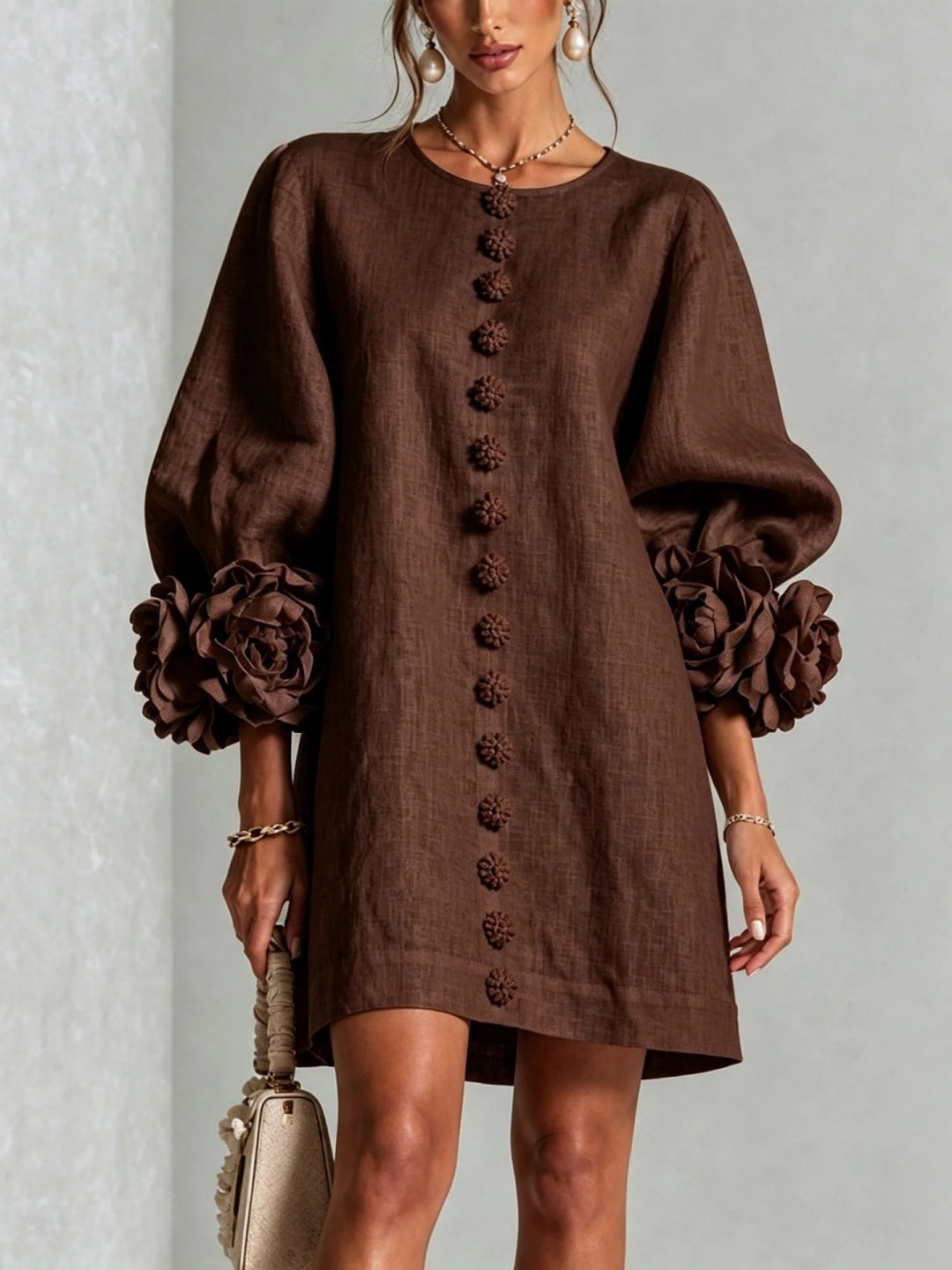 Rosalia Mint Floral-Cuff Button Mini Dress