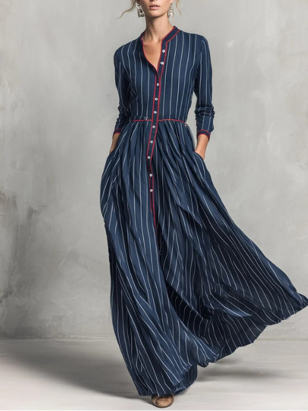 Adriana Pinstripe Pleated Maxi Dress