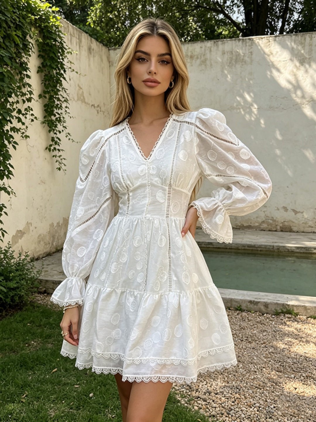Camilla Lace Puff-Sleeve Mini Dress