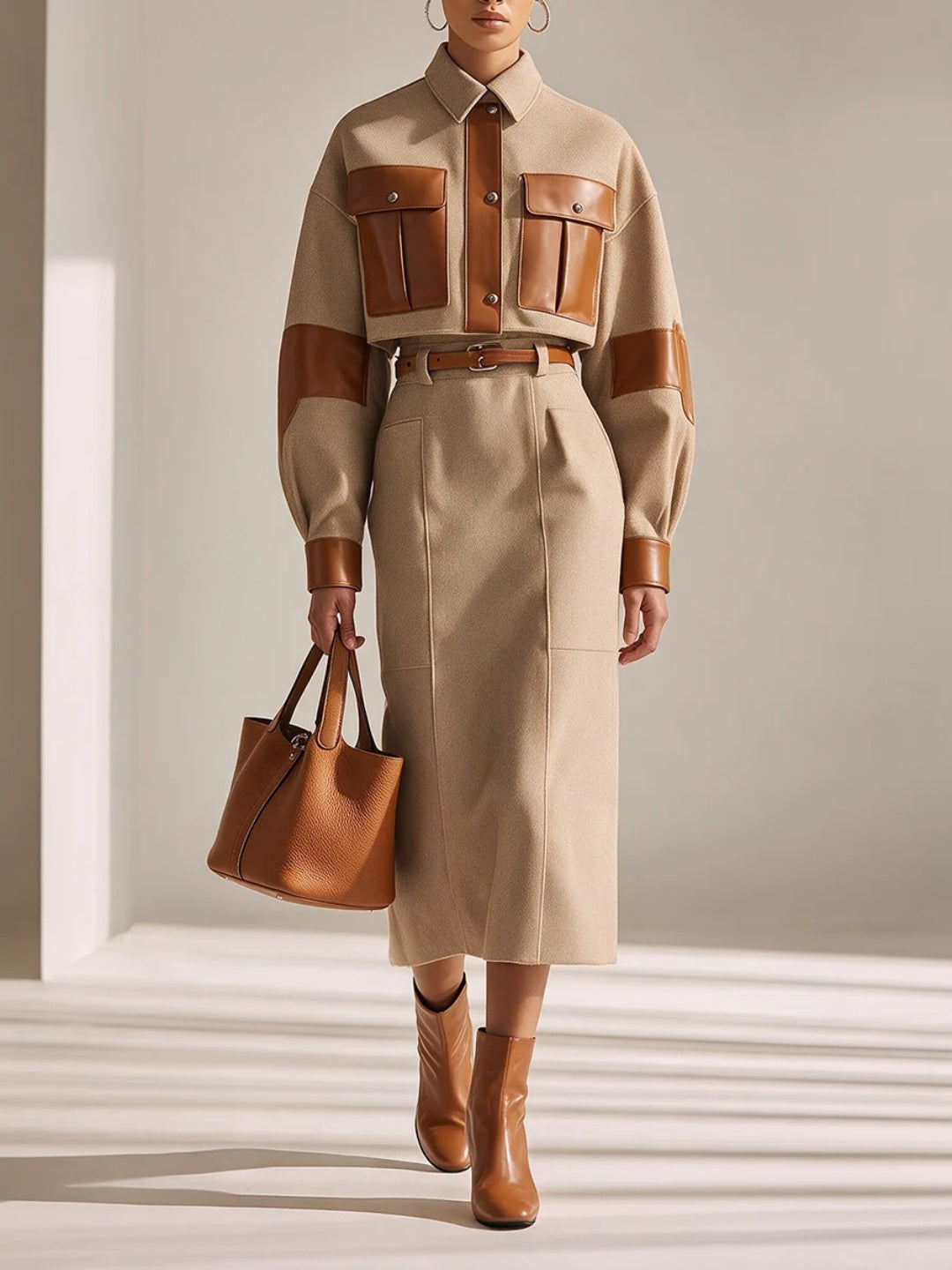 Cappuccino Contrast-Belt Midi Dress