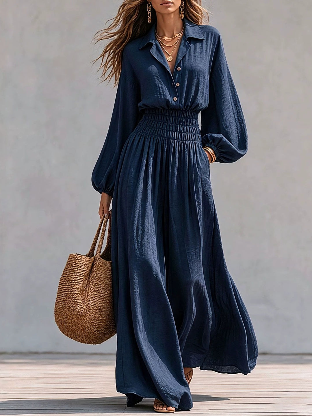 Alba Smocked-Waist Shirt Maxi Dress