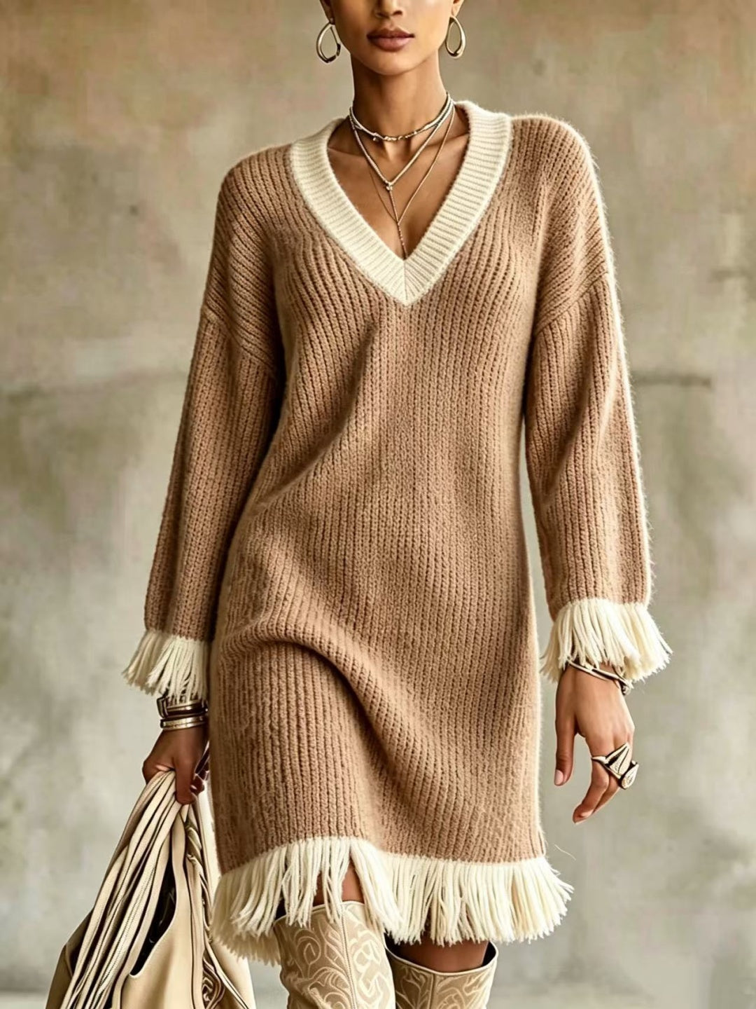 Elara V-Neck Fringe Sweater Mini Dress
