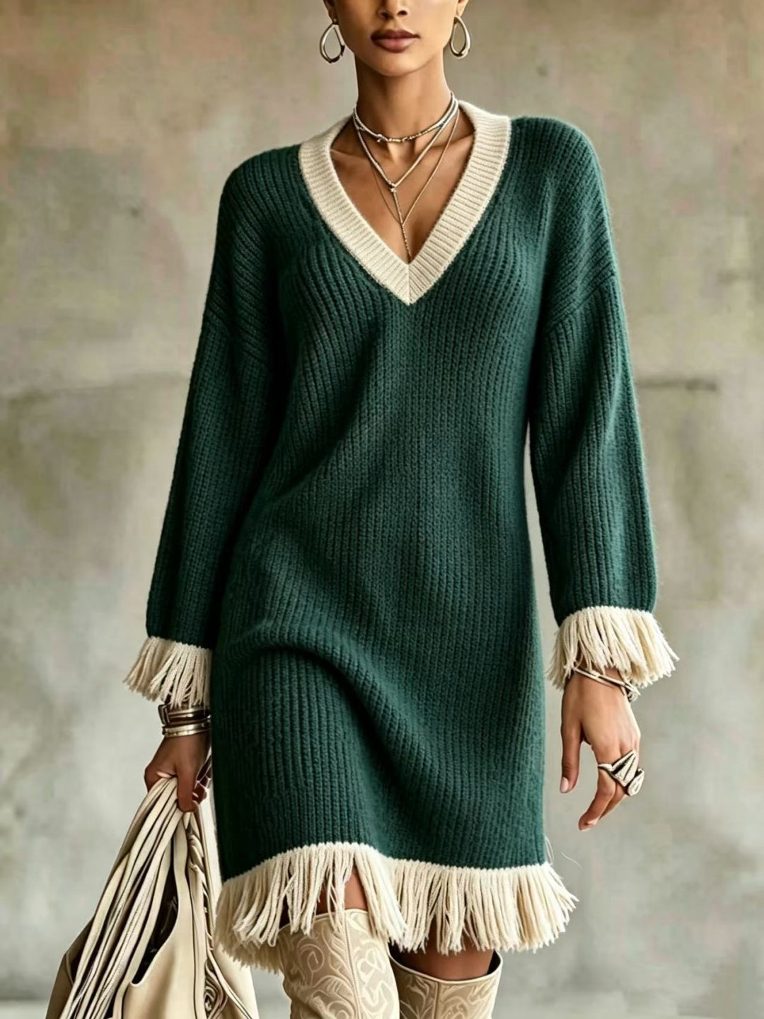 Elara V-Neck Fringe Sweater Mini Dress