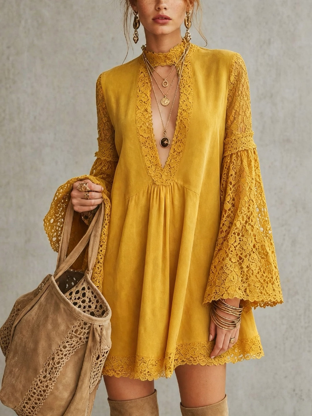 Elisabetta Plunge-Neck Bell-Sleeve Mini Dress