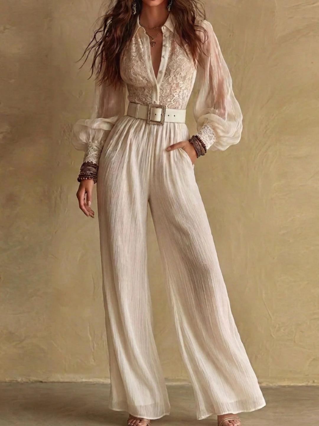 Sienna Beige Stripe Belted Wide-Leg Jumpsuit