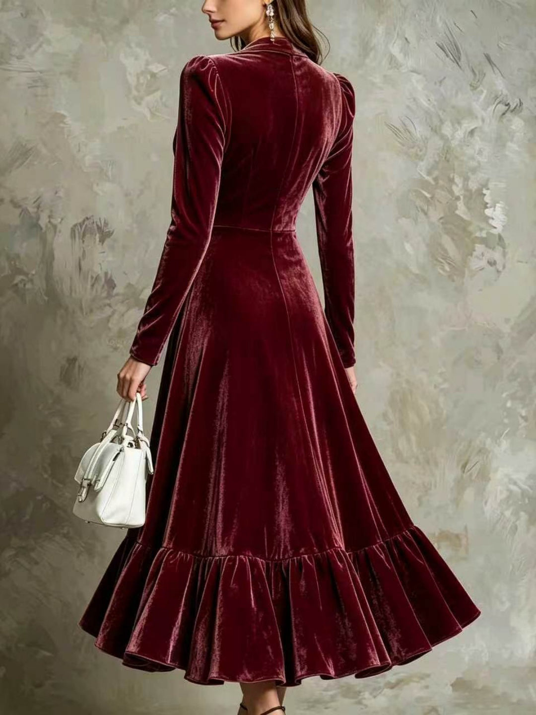 Verde Ruffle-Hem Velvet Midi Dress - Purple