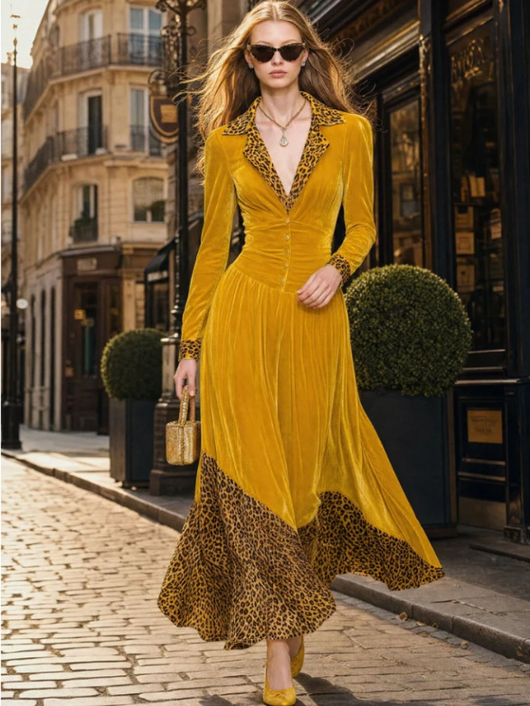 Marisol Velvet Leopard-Hem Maxi Dress